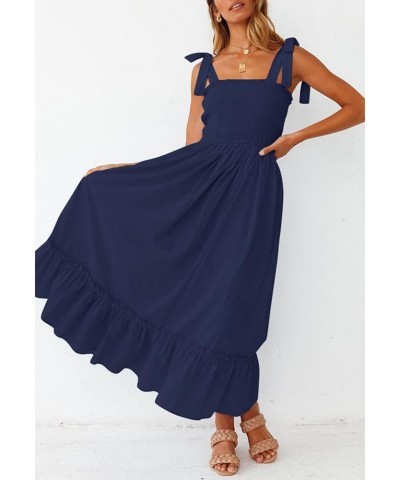 Women's 2024 Summer Boho Spaghetti Strap Square Neck Solid Color Ruffle A Line Beach Long Maxi Dress Navy $17.33 Hats & Caps