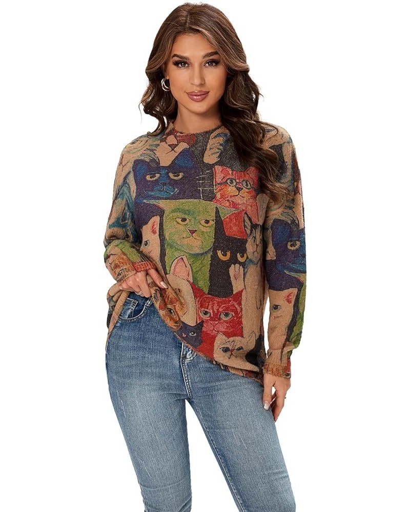 Women's Knit Sweater, Oversized Crew Neck Vintage Sweater with Cute Pattern Long Sleeves Tops for Women Cat $24.74 Sweaters