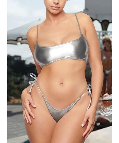 Womens Metallic Bikini Sets - Sexy Retro Shiny Swimsuit Rave Outfit Micro Scoop Top Tie Side Thong 2 Pcs Bathing Su Silver $1...