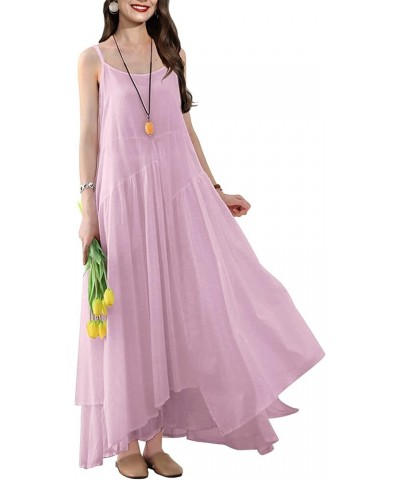 2023 Summer Dresses for Women Empire Solid Flowy Spaghetti Strap Maxi Dress Two Layers Irregular Hemline M00 Pink $20.16 Dresses