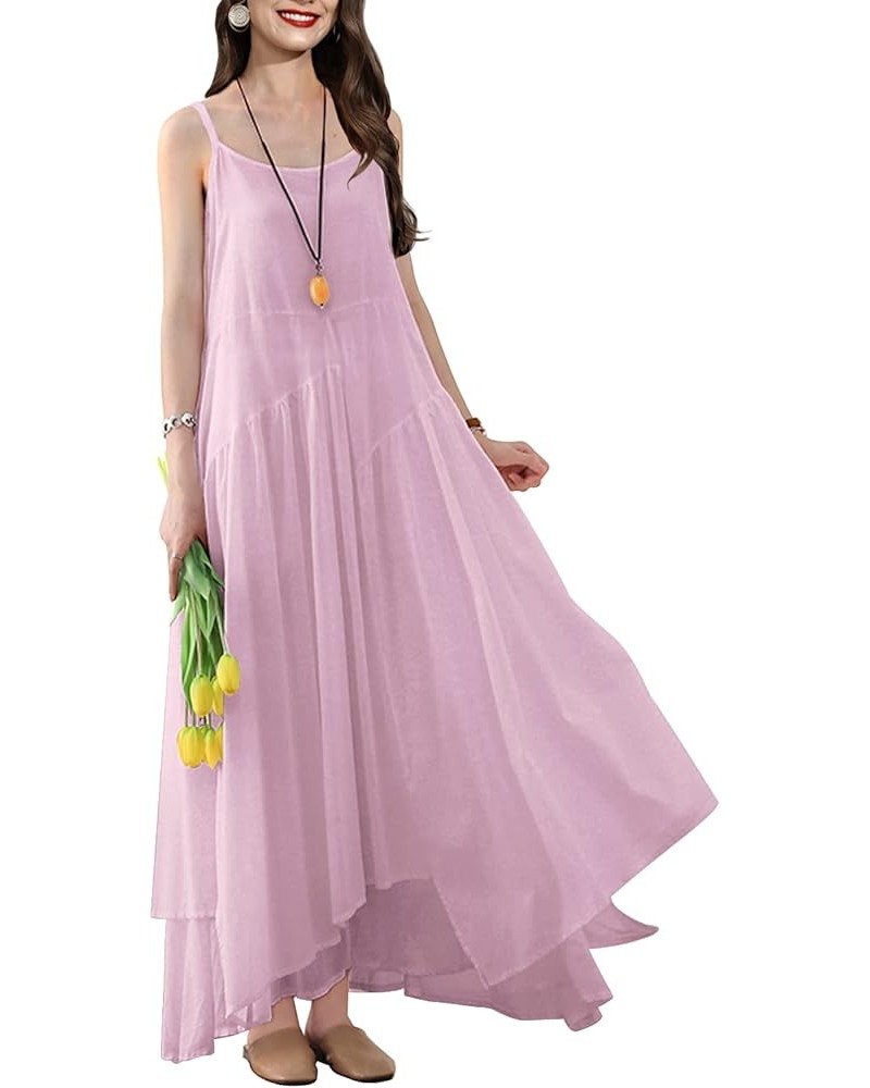 2023 Summer Dresses for Women Empire Solid Flowy Spaghetti Strap Maxi Dress Two Layers Irregular Hemline M00 Pink $20.16 Dresses