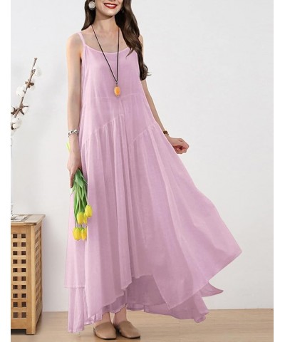 2023 Summer Dresses for Women Empire Solid Flowy Spaghetti Strap Maxi Dress Two Layers Irregular Hemline M00 Pink $20.16 Dresses