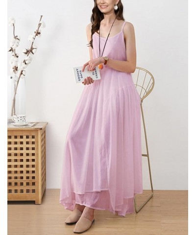 2023 Summer Dresses for Women Empire Solid Flowy Spaghetti Strap Maxi Dress Two Layers Irregular Hemline M00 Pink $20.16 Dresses