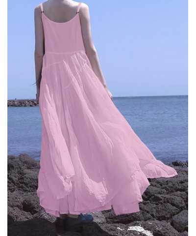 2023 Summer Dresses for Women Empire Solid Flowy Spaghetti Strap Maxi Dress Two Layers Irregular Hemline M00 Pink $20.16 Dresses