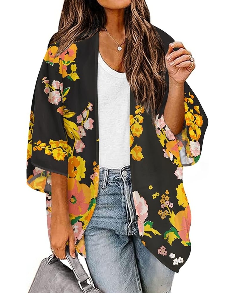 Women's Chiffon Kimono Plus Size Summer Shirts Top 08 Black $11.04 Blouses