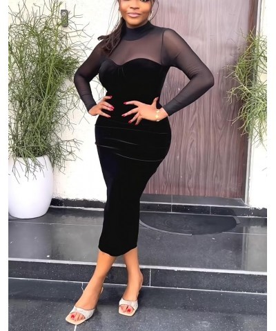 Womens Sexy Bodycon Velvet Midi Dress Long Sleeve Mesh Patchwork Slit Party Club Pencil Dresses Black $19.35 Dresses