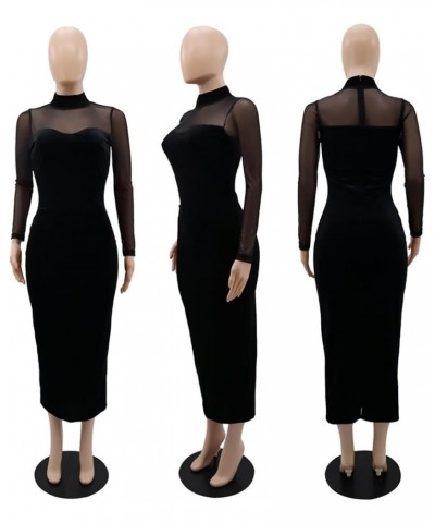 Womens Sexy Bodycon Velvet Midi Dress Long Sleeve Mesh Patchwork Slit Party Club Pencil Dresses Black $19.35 Dresses