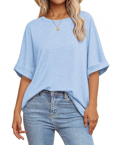 Womens Oversized T Shirts Loose Fit Crewneck Short Sleeve Summer Casual Blouse 2024 Y2K Tee Tops Ice Blue $11.99 Tops