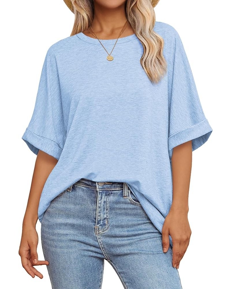 Womens Oversized T Shirts Loose Fit Crewneck Short Sleeve Summer Casual Blouse 2024 Y2K Tee Tops Ice Blue $11.99 Tops