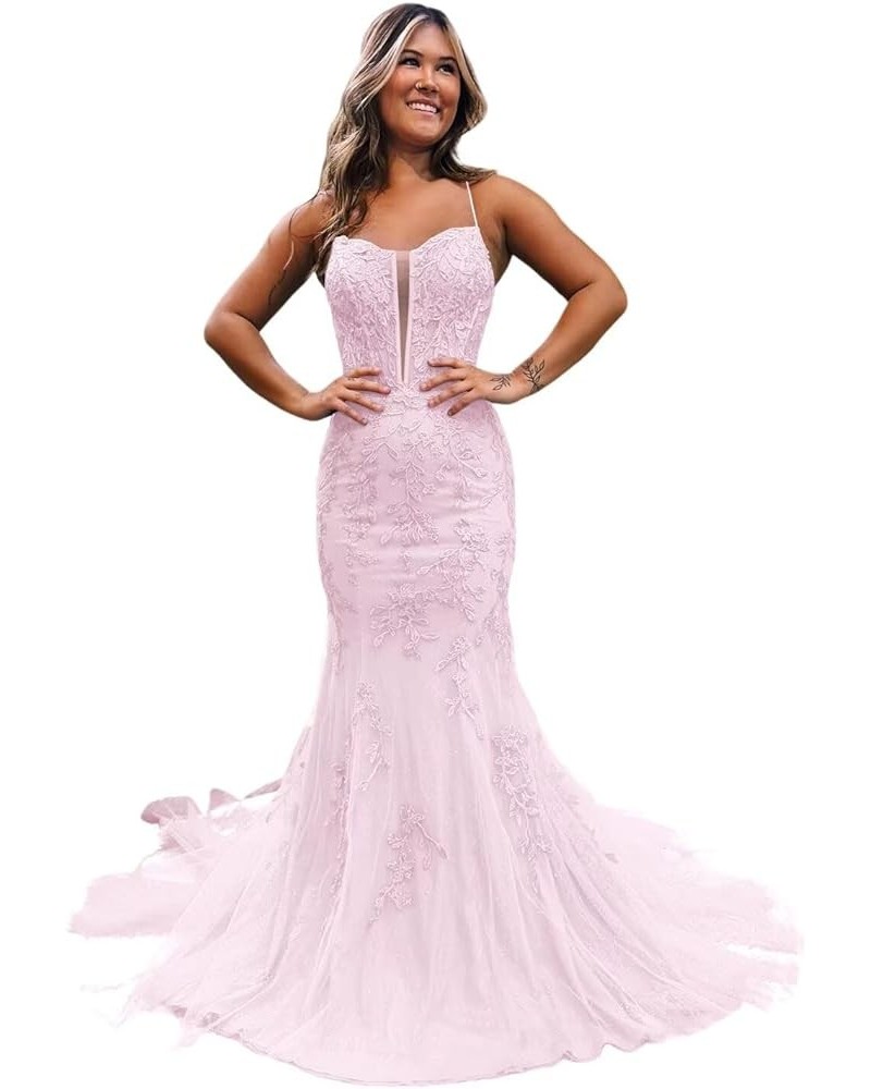 Women's Lace Appliques Mermaid Prom Dress Long Spaghetti Straps Corset Formal Dress Pink $38.13 Dresses