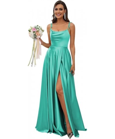 Women's Spaghetti Straps Satin Bridesmaid Dresses with Slit A Line Long Formal Party Dresses with Slit QA089 Aqua Blue $28.04...