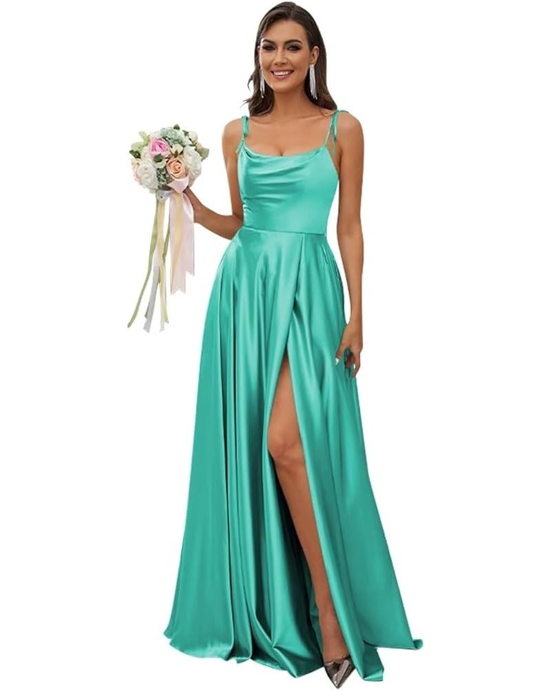 Women's Spaghetti Straps Satin Bridesmaid Dresses with Slit A Line Long Formal Party Dresses with Slit QA089 Aqua Blue $28.04...