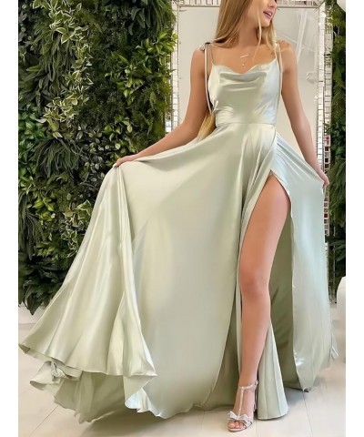 Women's Spaghetti Straps Satin Bridesmaid Dresses with Slit A Line Long Formal Party Dresses with Slit QA089 Aqua Blue $28.04...