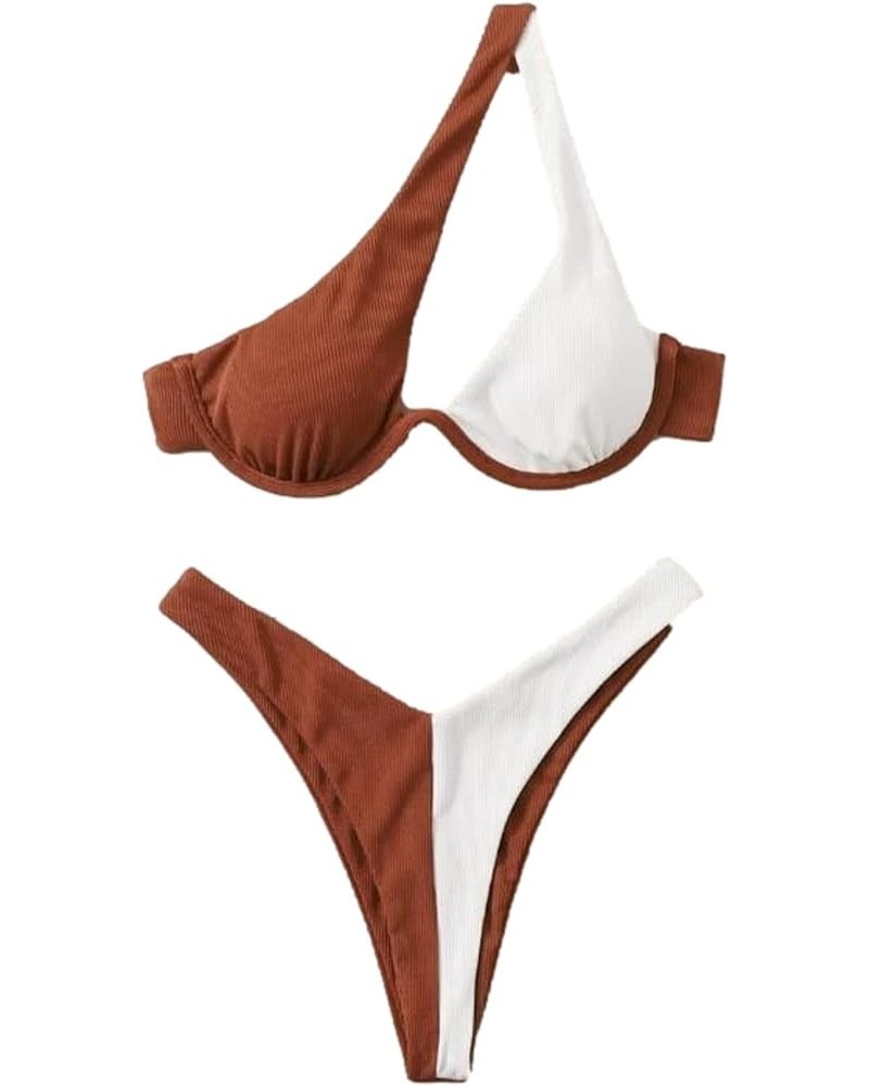 Sexy Underwire One Shoulder Bikini High Cut Brazilian Swimsuit Set 2 Piece Brown and White $17.02 Swimsuits