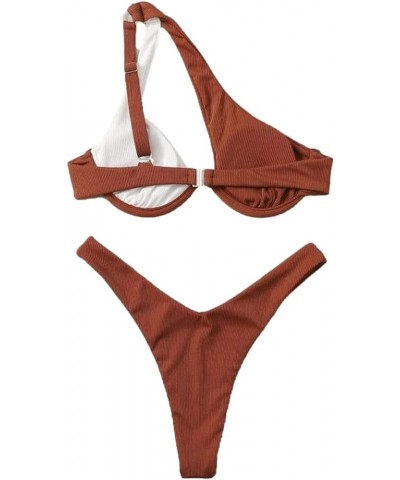 Sexy Underwire One Shoulder Bikini High Cut Brazilian Swimsuit Set 2 Piece Brown and White $17.02 Swimsuits