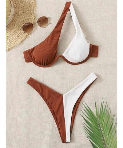 Sexy Underwire One Shoulder Bikini High Cut Brazilian Swimsuit Set 2 Piece Brown and White $17.02 Swimsuits