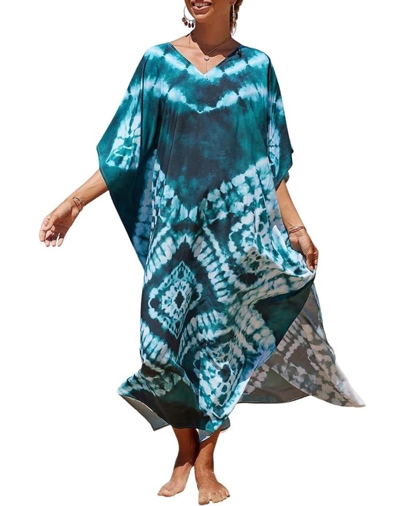 V Neck Print Kaftan Swimsuit Cover Ups for Women Plus Size Beach Caftan Dress Casual Loungewear Dark Green $16.20 Swimsuits