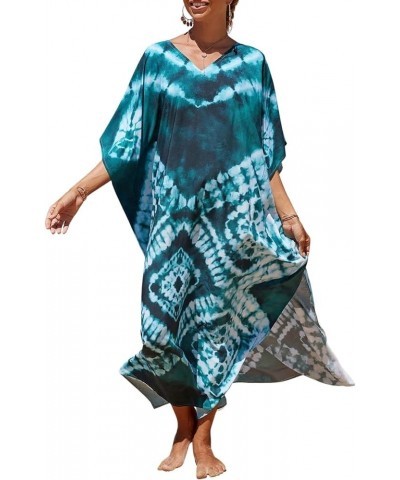 V Neck Print Kaftan Swimsuit Cover Ups for Women Plus Size Beach Caftan Dress Casual Loungewear Dark Green $16.20 Swimsuits