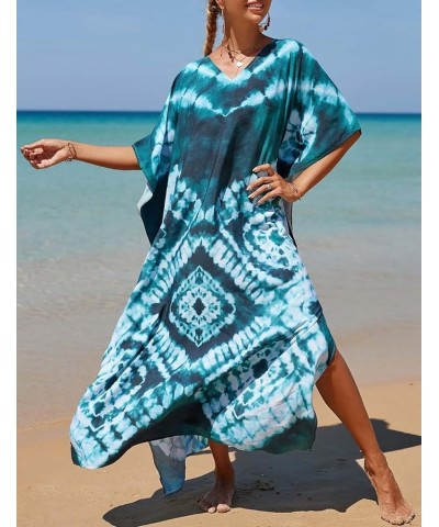 V Neck Print Kaftan Swimsuit Cover Ups for Women Plus Size Beach Caftan Dress Casual Loungewear Dark Green $16.20 Swimsuits