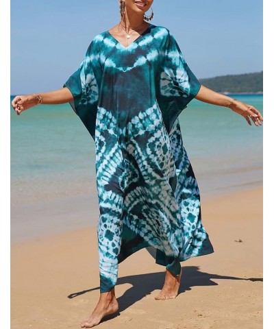 V Neck Print Kaftan Swimsuit Cover Ups for Women Plus Size Beach Caftan Dress Casual Loungewear Dark Green $16.20 Swimsuits