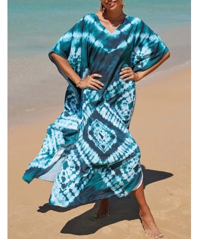 V Neck Print Kaftan Swimsuit Cover Ups for Women Plus Size Beach Caftan Dress Casual Loungewear Dark Green $16.20 Swimsuits