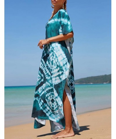 V Neck Print Kaftan Swimsuit Cover Ups for Women Plus Size Beach Caftan Dress Casual Loungewear Dark Green $16.20 Swimsuits