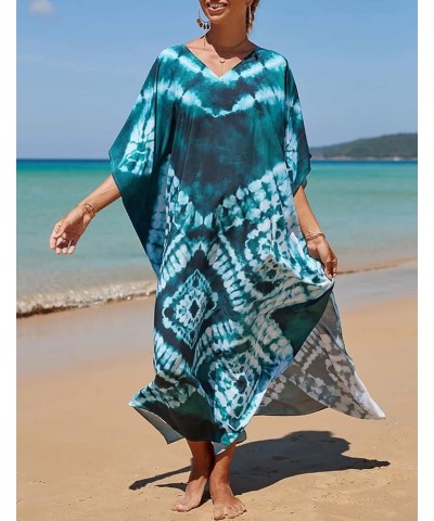 V Neck Print Kaftan Swimsuit Cover Ups for Women Plus Size Beach Caftan Dress Casual Loungewear Dark Green $16.20 Swimsuits