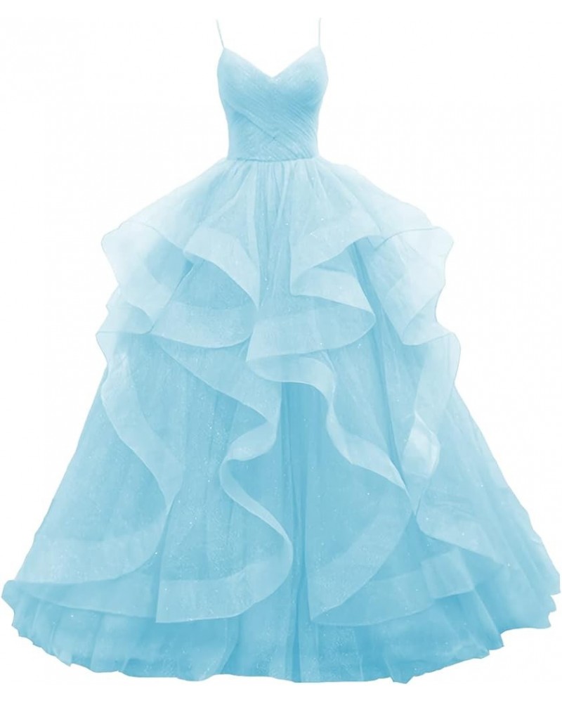 Glitter Tulle Prom Dresses 2024 Spaghetti Straps Ball Gown for Women Long Homecoming Dresses for Teens Light Blue $43.70 Dresses