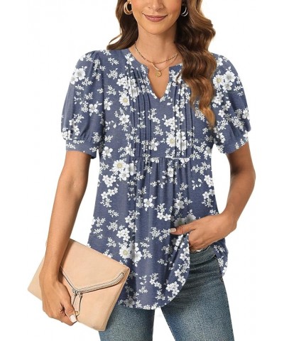 Womens Summer Dressy Casual Blouse Puff Short Sleeve Tunic Tops Pleated T-Shirts for Work Pleated Flower White $13.99 Tops