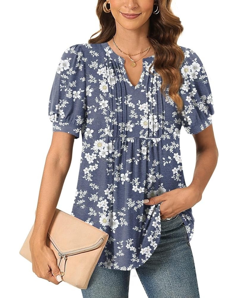 Womens Summer Dressy Casual Blouse Puff Short Sleeve Tunic Tops Pleated T-Shirts for Work Pleated Flower White $13.99 Tops