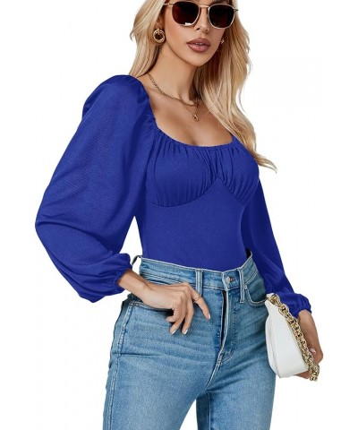 Women's Square Neck Lantern Long Sleeve Ribbed Bodycon Tops Bodysuit Jumpsuit Royal Blue $13.50 Bodysuits