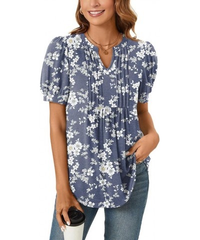 Womens Summer Dressy Casual Blouse Puff Short Sleeve Tunic Tops Pleated T-Shirts for Work Pleated Flower White $13.99 Tops