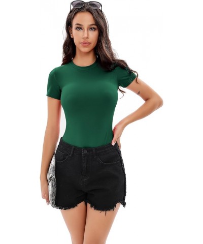 Womens Short Sleeve Crewneck Thong Slimming Tshirt Bodysuits High Stretch Collection Short Sleeve Green $8.54 Bodysuits