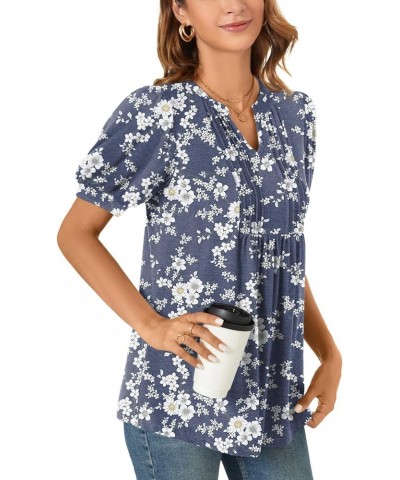 Womens Summer Dressy Casual Blouse Puff Short Sleeve Tunic Tops Pleated T-Shirts for Work Pleated Flower White $13.99 Tops