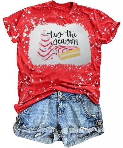 Women Christmas Shirt Xmas Tree Cakes Graphic Tee Tis The Season Shirt Xmas Short Sleeve Holiday Tops Bleachred $11.27 Tops