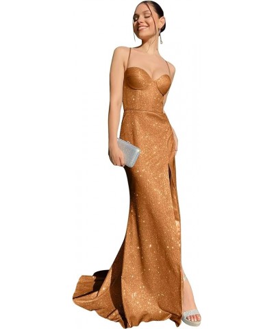 Glitter Halter Mermaid Prom Dresses with Slit for Women 2024 Spaghetti Strap Satin Long Formal Evening Gowns 818 Burnt Orange...