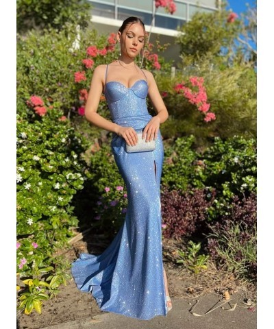 Glitter Halter Mermaid Prom Dresses with Slit for Women 2024 Spaghetti Strap Satin Long Formal Evening Gowns 818 Burnt Orange...