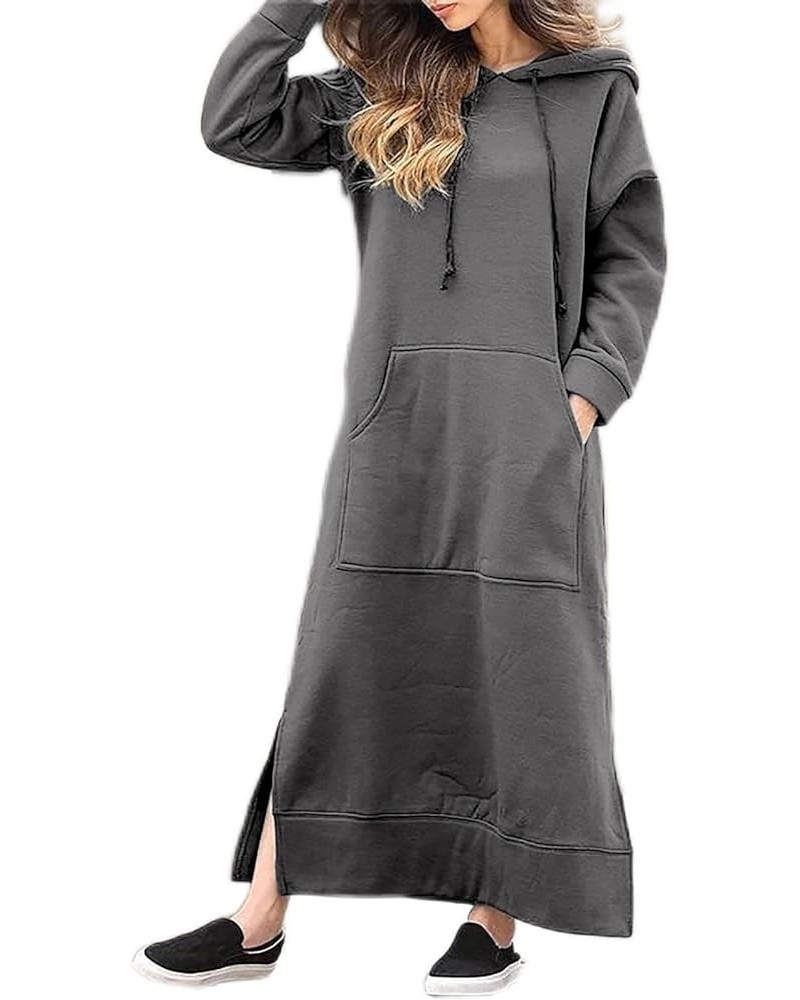 Women's Maxi Long Hoodie Dress Plus Size Long Sleeve Side Split Loose Casual Hooded Sweatshirt Dresses with Pockets 01dark Gr...