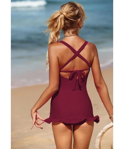 Tankini Bathing Suits for Women Tummy Control V Neck Two Piece Swimsuits Vintage Swimdress Modest Swimwear Wine Red $16.63 Sw...