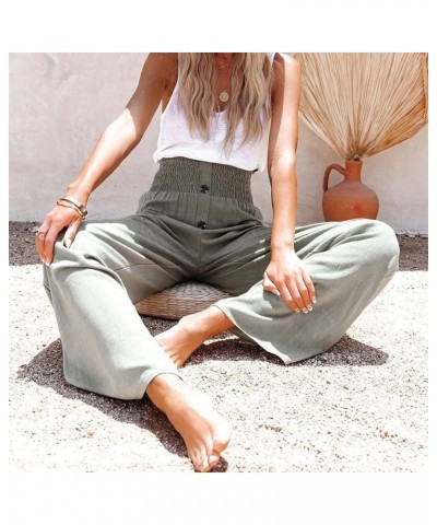 Wide Leg Linen Pants for Women Elastic High Waist Pant Drawstring Lounge Trousers with Pockets Breathable Summer Pants C03-gr...