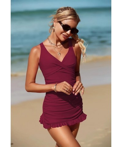 Tankini Bathing Suits for Women Tummy Control V Neck Two Piece Swimsuits Vintage Swimdress Modest Swimwear Wine Red $16.63 Sw...