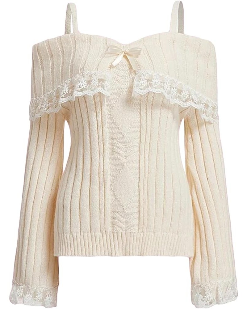 Women Cold Shoulder Sweaters Long Sleeve Contrast Lace Knit Pullovers Bow Front Jumper Slim Fit Tops White $11.87 Sweaters