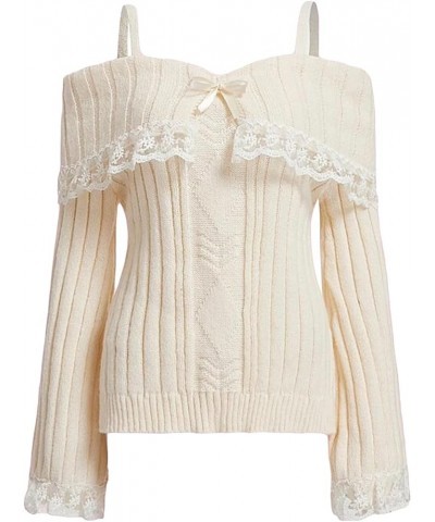 Women Cold Shoulder Sweaters Long Sleeve Contrast Lace Knit Pullovers Bow Front Jumper Slim Fit Tops White $11.87 Sweaters