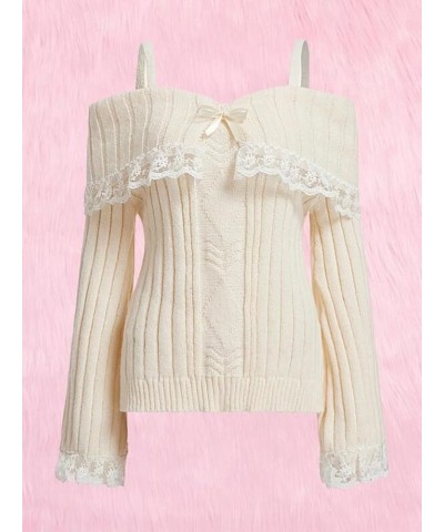 Women Cold Shoulder Sweaters Long Sleeve Contrast Lace Knit Pullovers Bow Front Jumper Slim Fit Tops White $11.87 Sweaters