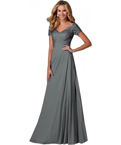 Women's Lace Appliques Mother of The Bride Dresses V-Neck Chiffon Long Formal Evening Gowns with Sleeve Grey $27.20 Dresses