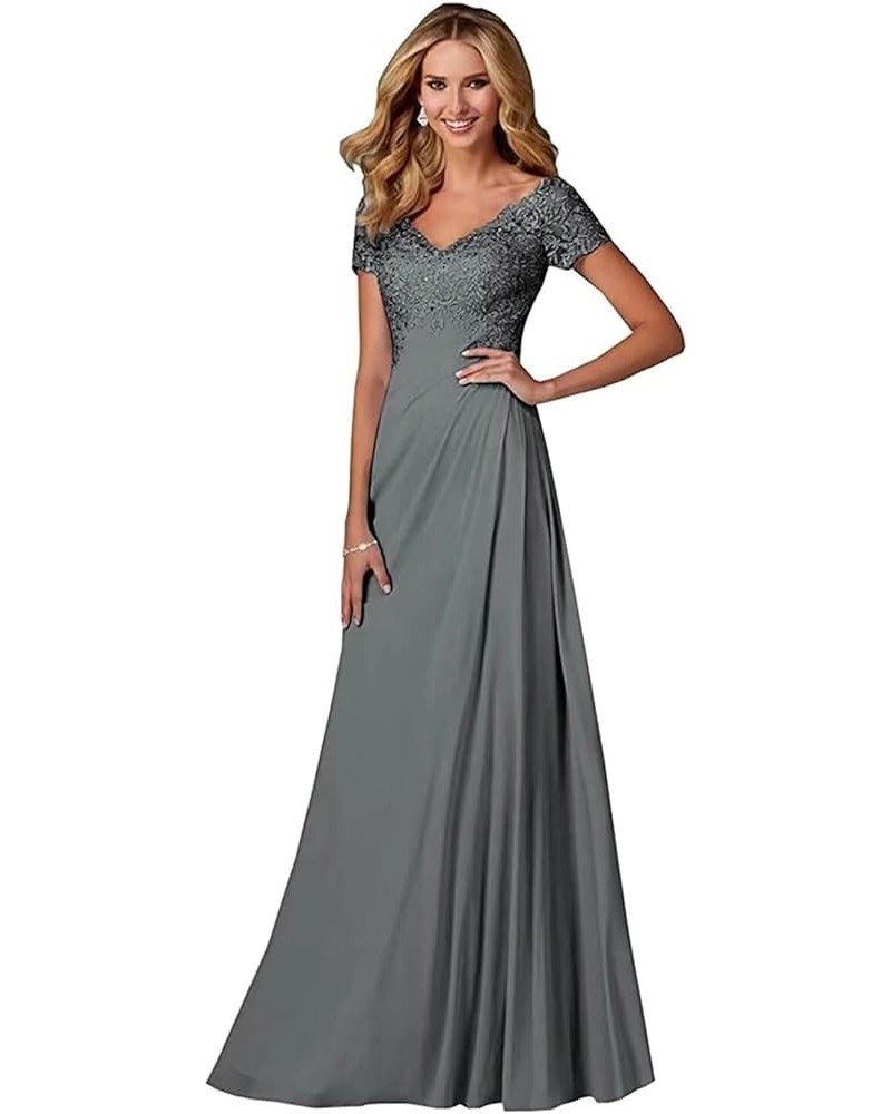 Women's Lace Appliques Mother of The Bride Dresses V-Neck Chiffon Long Formal Evening Gowns with Sleeve Grey $27.20 Dresses