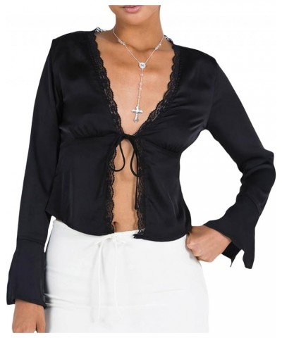 Women Lace Trim V Neck Long Sleeve Crop Top Satin Going Out Tops Tie Front Bell Sleeve Blouse Shirts Black $9.68 Blouses