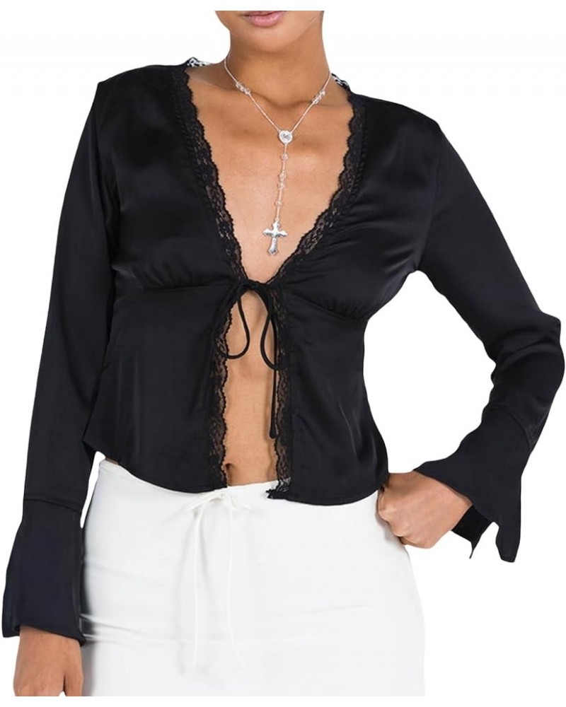 Women Lace Trim V Neck Long Sleeve Crop Top Satin Going Out Tops Tie Front Bell Sleeve Blouse Shirts Black $9.68 Blouses