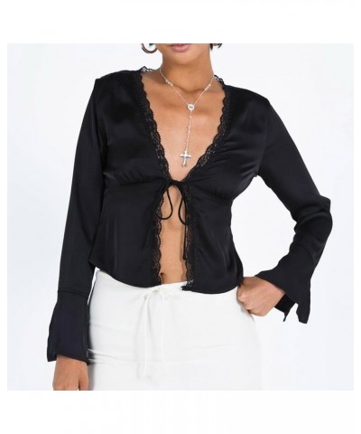 Women Lace Trim V Neck Long Sleeve Crop Top Satin Going Out Tops Tie Front Bell Sleeve Blouse Shirts Black $9.68 Blouses