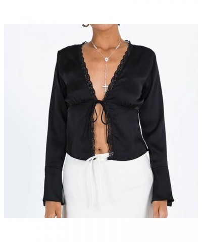 Women Lace Trim V Neck Long Sleeve Crop Top Satin Going Out Tops Tie Front Bell Sleeve Blouse Shirts Black $9.68 Blouses